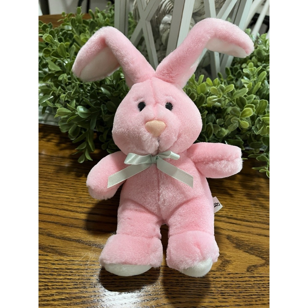 Commonwealth Plush Bunny Rabbit 9" Pink White Ears White Ribbon Stuffed Animal
